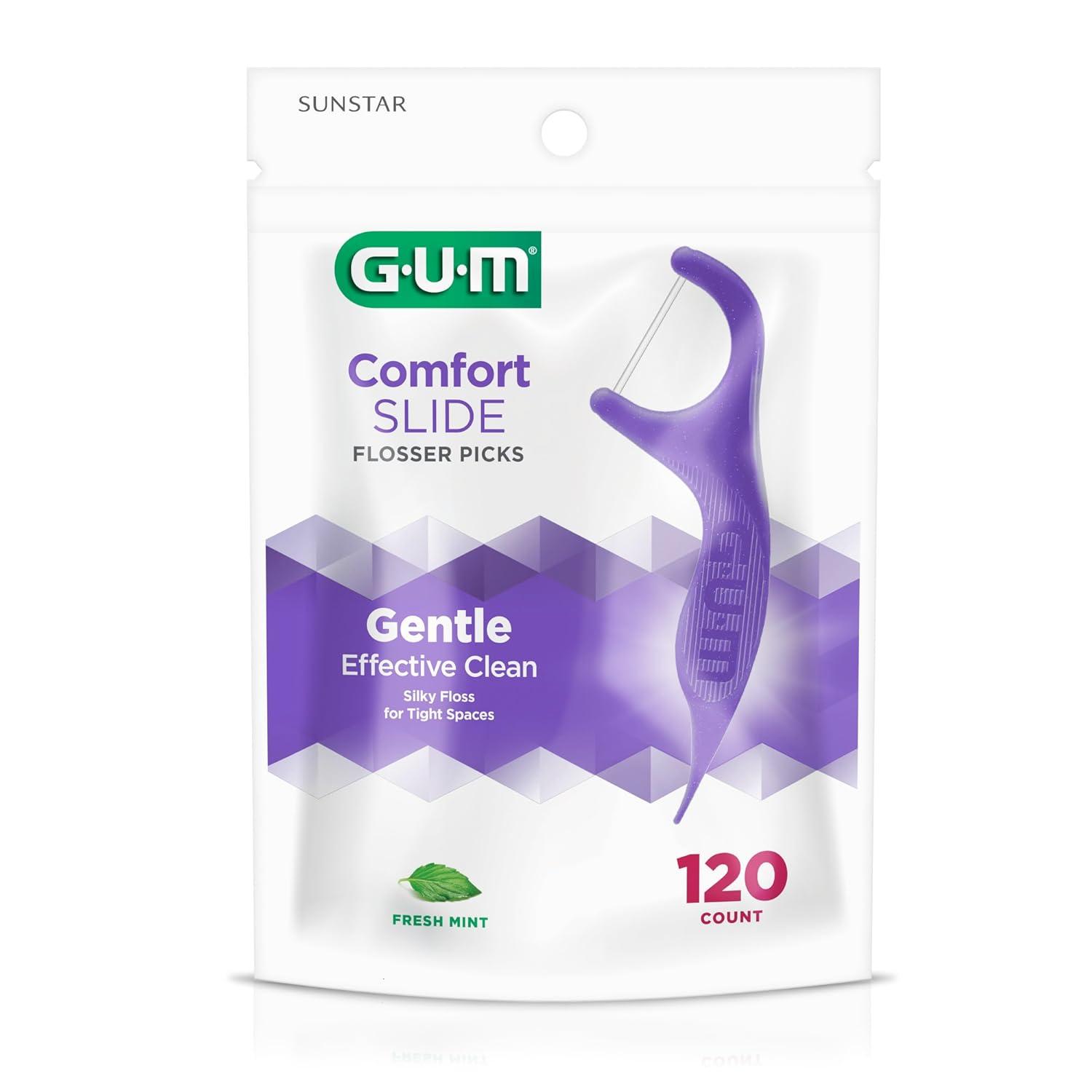 imageGUM Comfort Slide Floss Picks Perfect for Tight Teeth Extra Strong ShredResistant Dental Floss Easy Grip Handle Dental Flossers for Adults Fresh Mint Flavor 120 Count