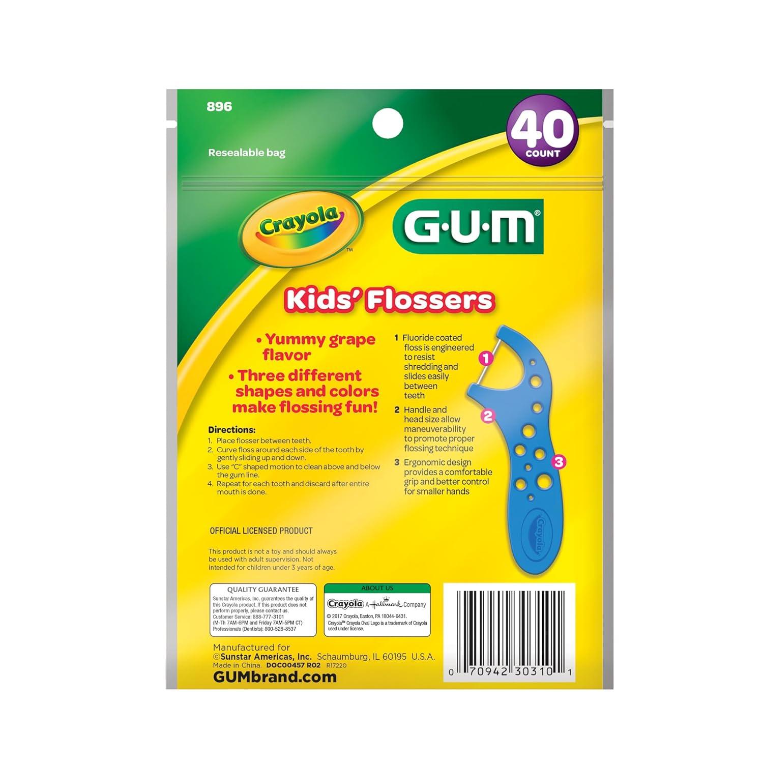 imageGUM Crayola Kids Flossers with Fluoride Designed for Little Hands Fun Grape Flavor Easy to Use Kids Floss Picks for Children Ages 3 40ct 6pk