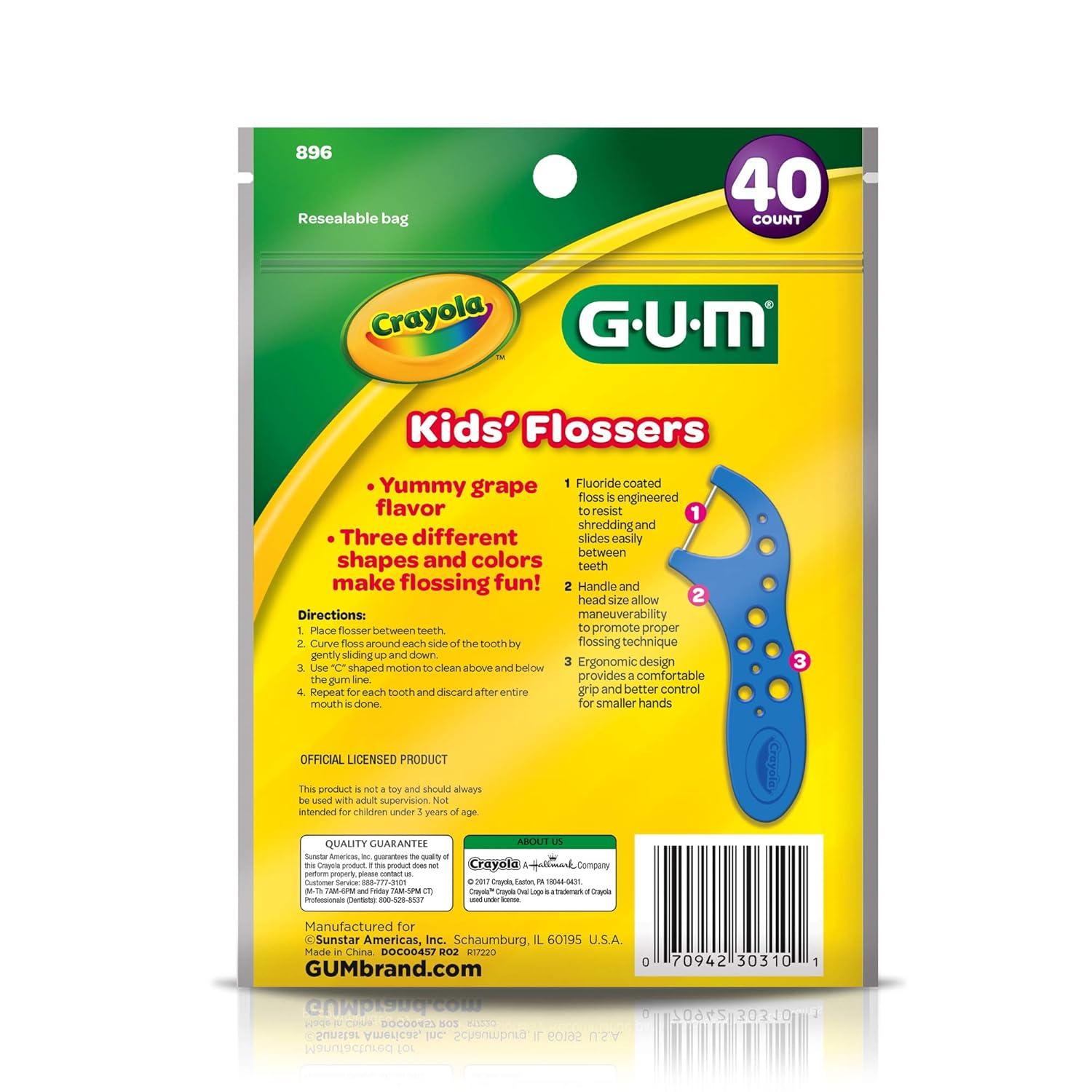 imageGUM Crayola Kids Flossers with Fluoride Designed for Little Hands Fun Grape Flavor Easy to Use Kids Floss Picks for Children Ages 3 40ct 6pk