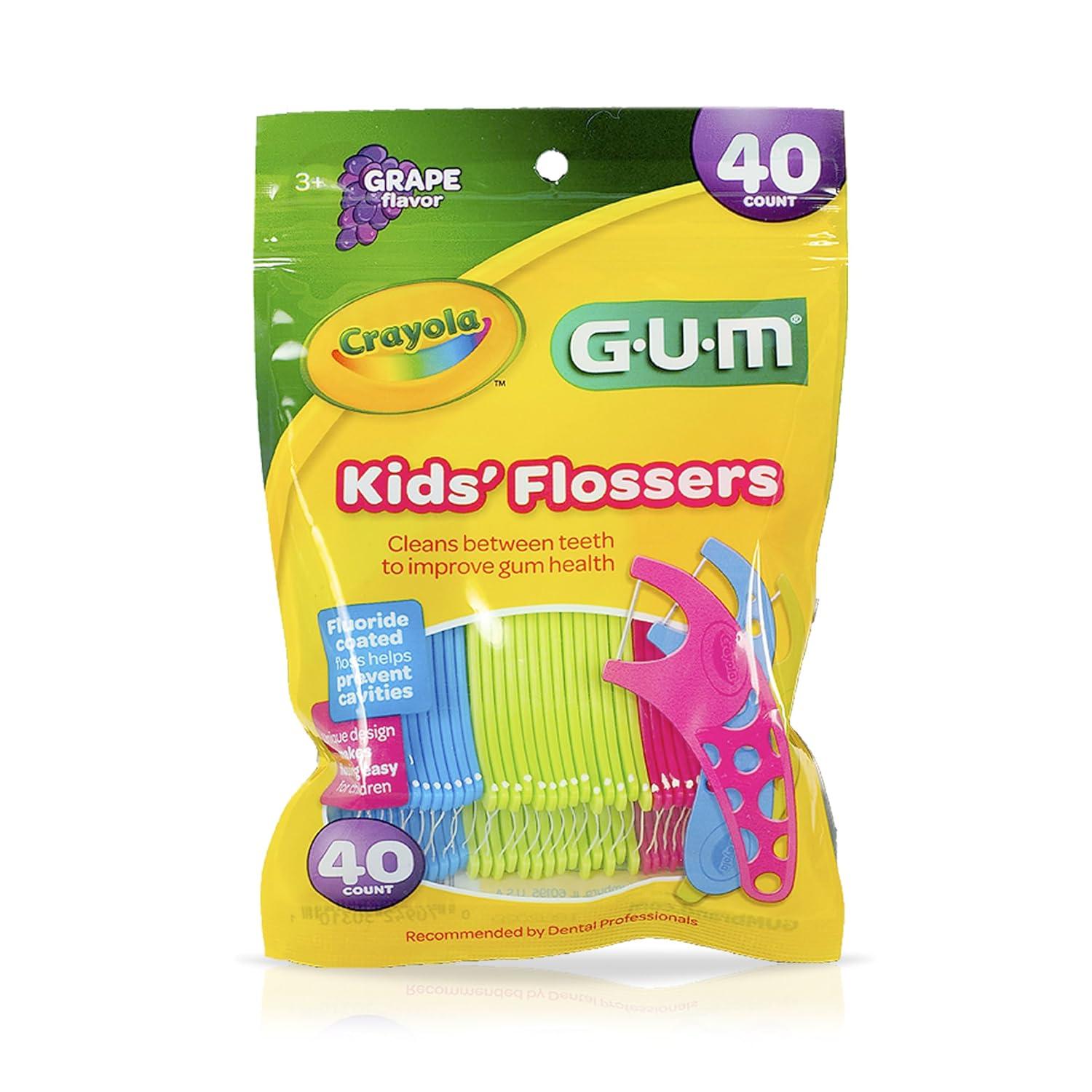 imageGUM Crayola Kids Flossers with Fluoride Designed for Little Hands Fun Grape Flavor Easy to Use Kids Floss Picks for Children Ages 3 40ct 6pk