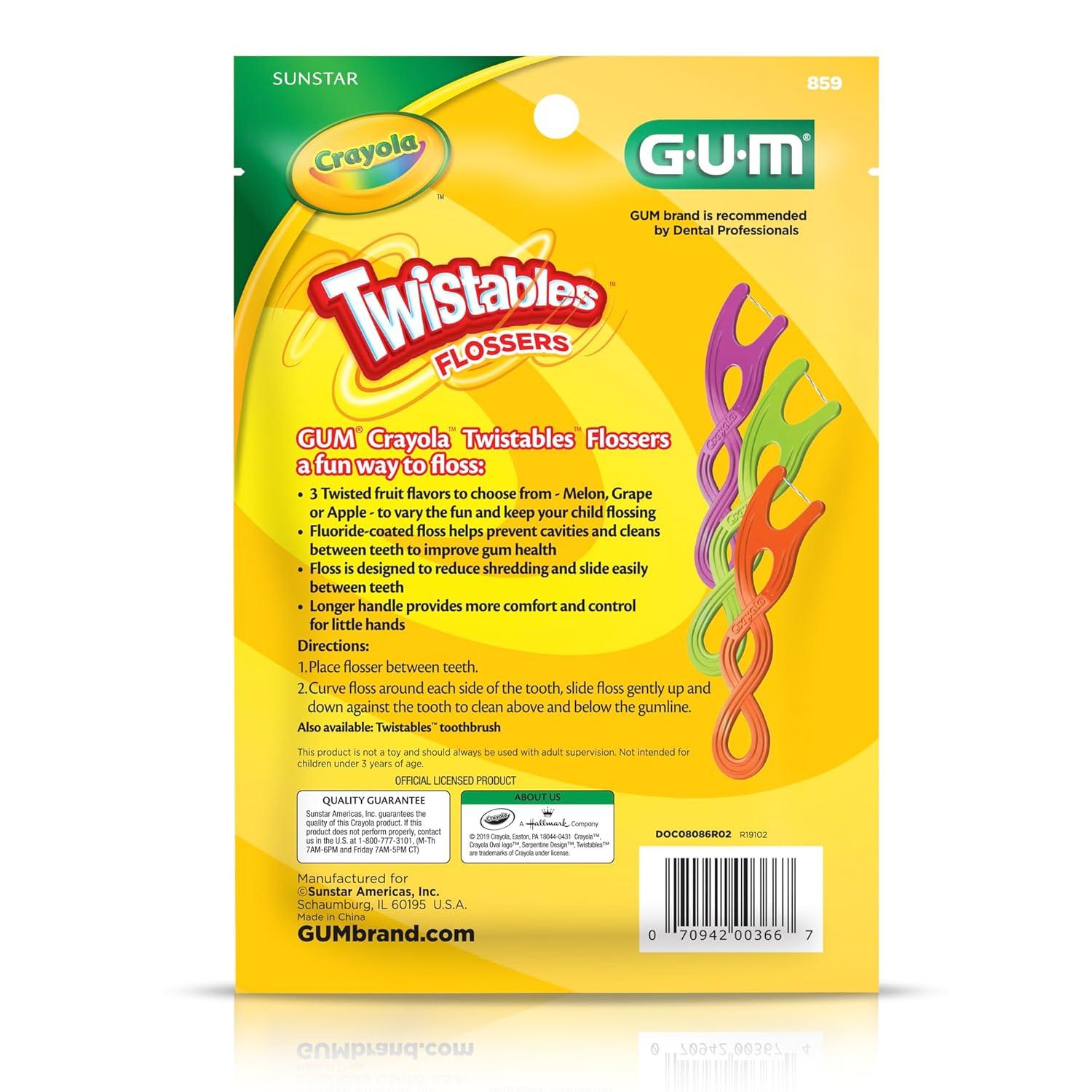 imageGUM Crayola Twistables Kids Flossers with Fluoride Designed for Little Hands Three Fun Fruit Flavors Easy to Use Kids Floss Picks for Children Ages 3 90 Count Pack of 490 Count