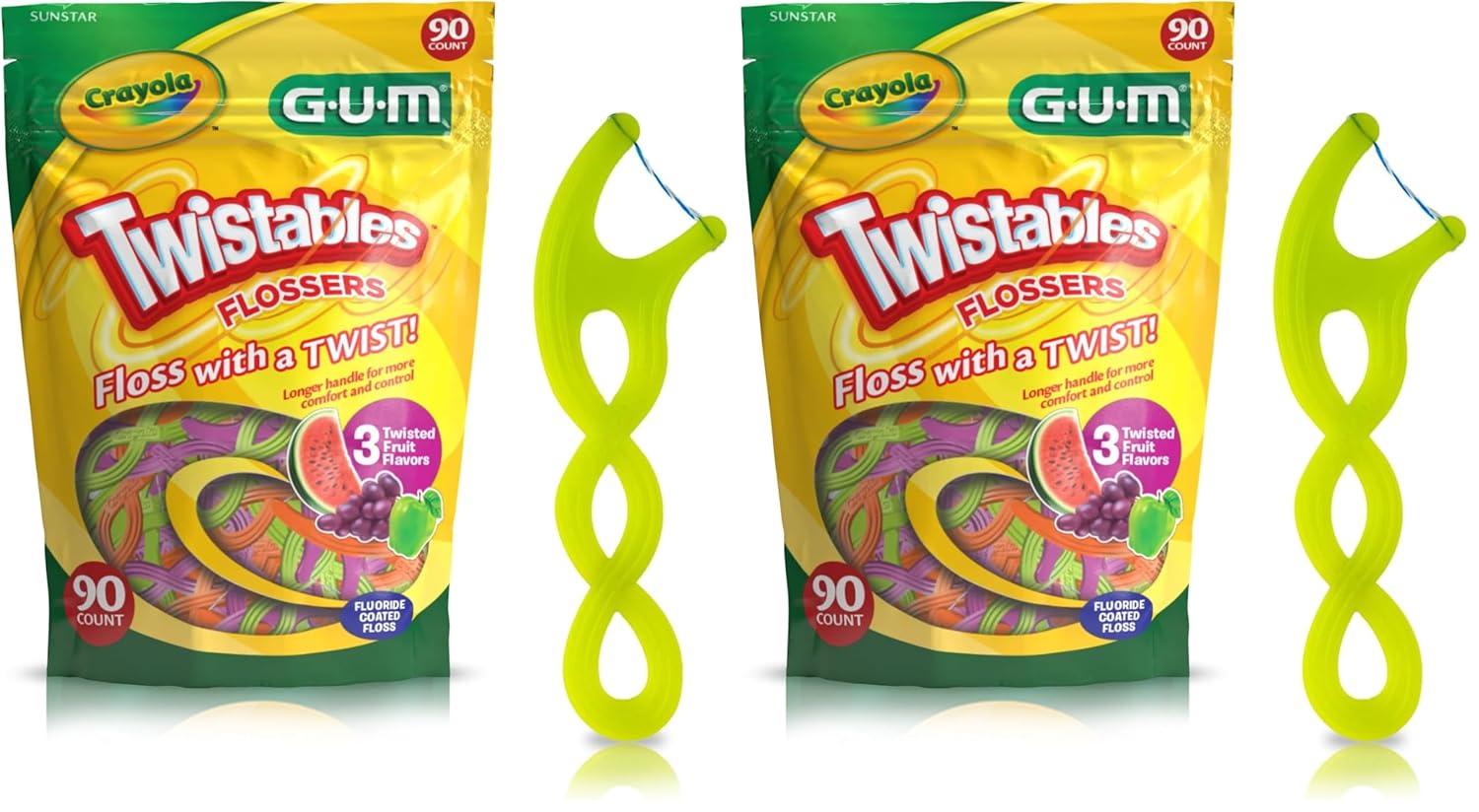 imageGUM Crayola Twistables Kids Flossers with Fluoride Designed for Little Hands Three Fun Fruit Flavors Easy to Use Kids Floss Picks for Children Ages 3 90 Count Pack of 490 Count