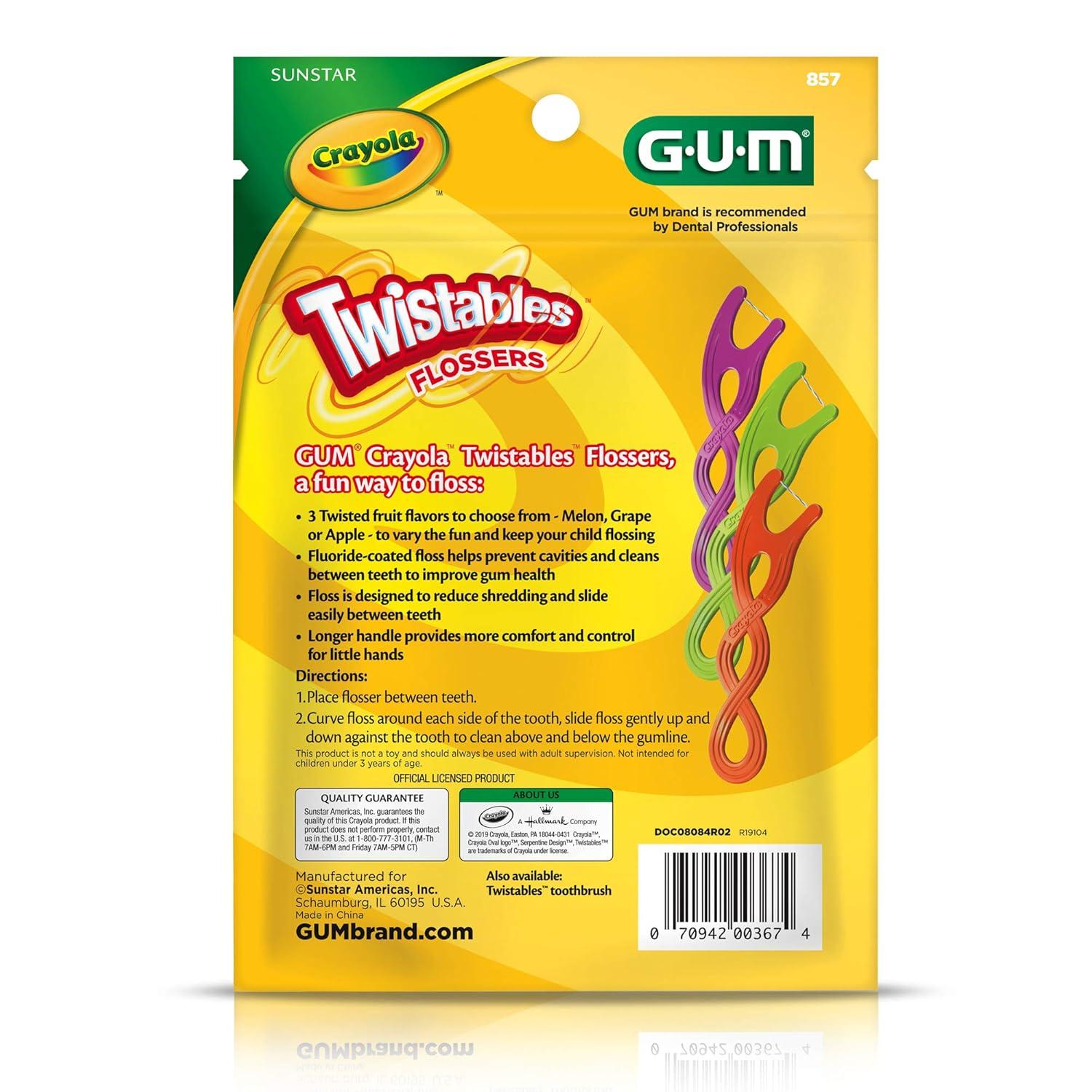 imageGUM Crayola Twistables Kids Flossers with Fluoride Designed for Little Hands Three Fun Fruit Flavors Easy to Use Kids Floss Picks for Children Ages 3 75 Count