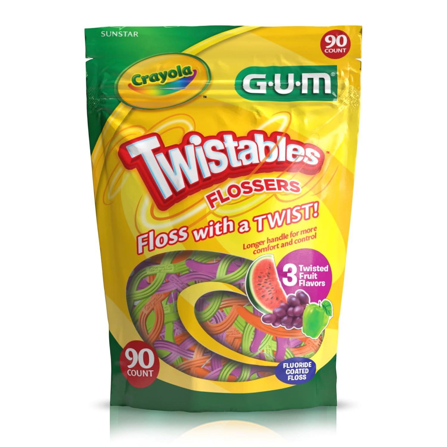 imageGUM Crayola Twistables Kids Flossers with Fluoride Designed for Little Hands Three Fun Fruit Flavors Easy to Use Kids Floss Picks for Children Ages 3 90 Count Pack of 490 Count