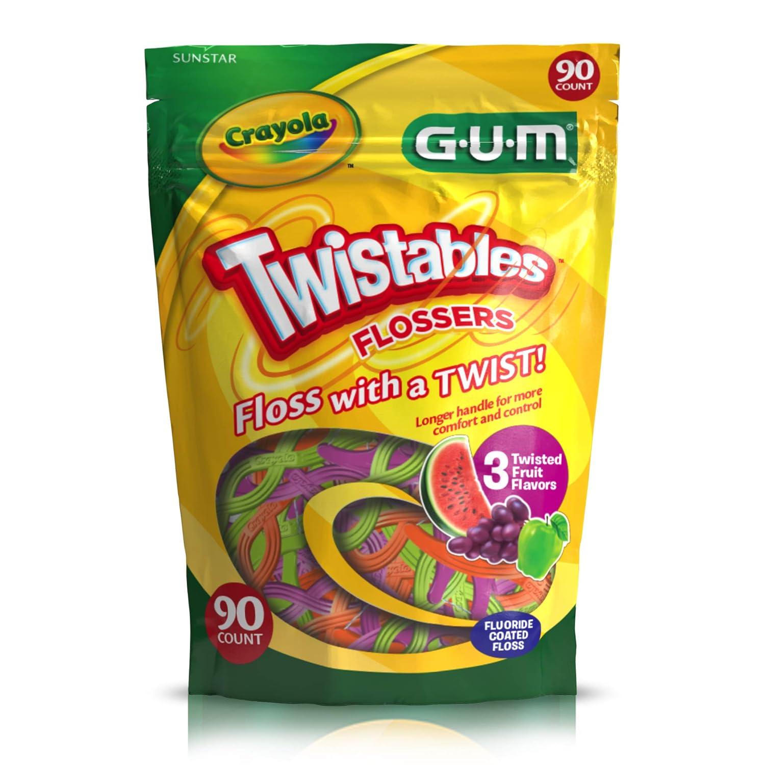imageGUM Crayola Twistables Kids Flossers with Fluoride Designed for Little Hands Three Fun Fruit Flavors Easy to Use Kids Floss Picks for Children Ages 3 90 Count Pack of 490 Count