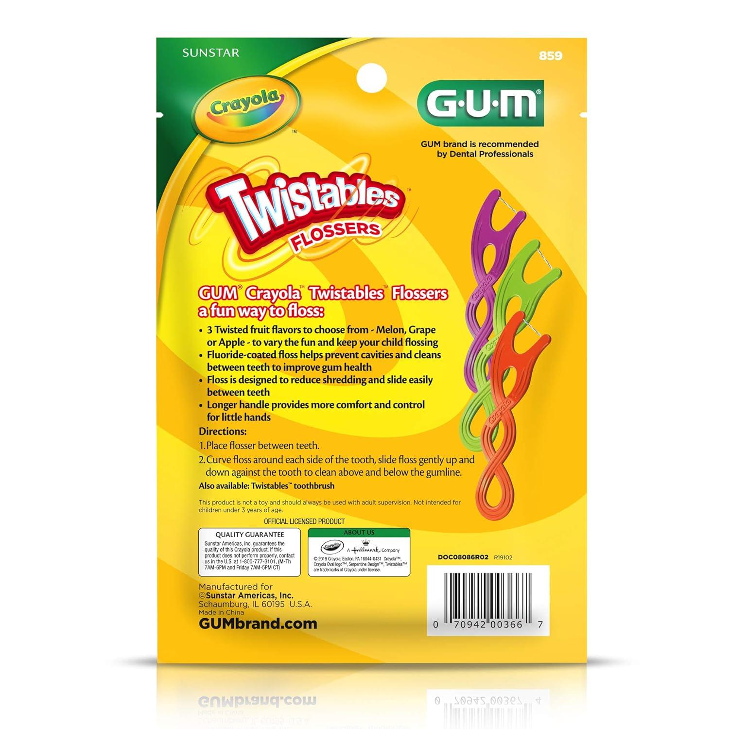 imageGUM Crayola Twistables Kids Flossers with Fluoride Designed for Little Hands Three Fun Fruit Flavors Easy to Use Kids Floss Picks for Children Ages 3 90 Count Pack of 490 Count