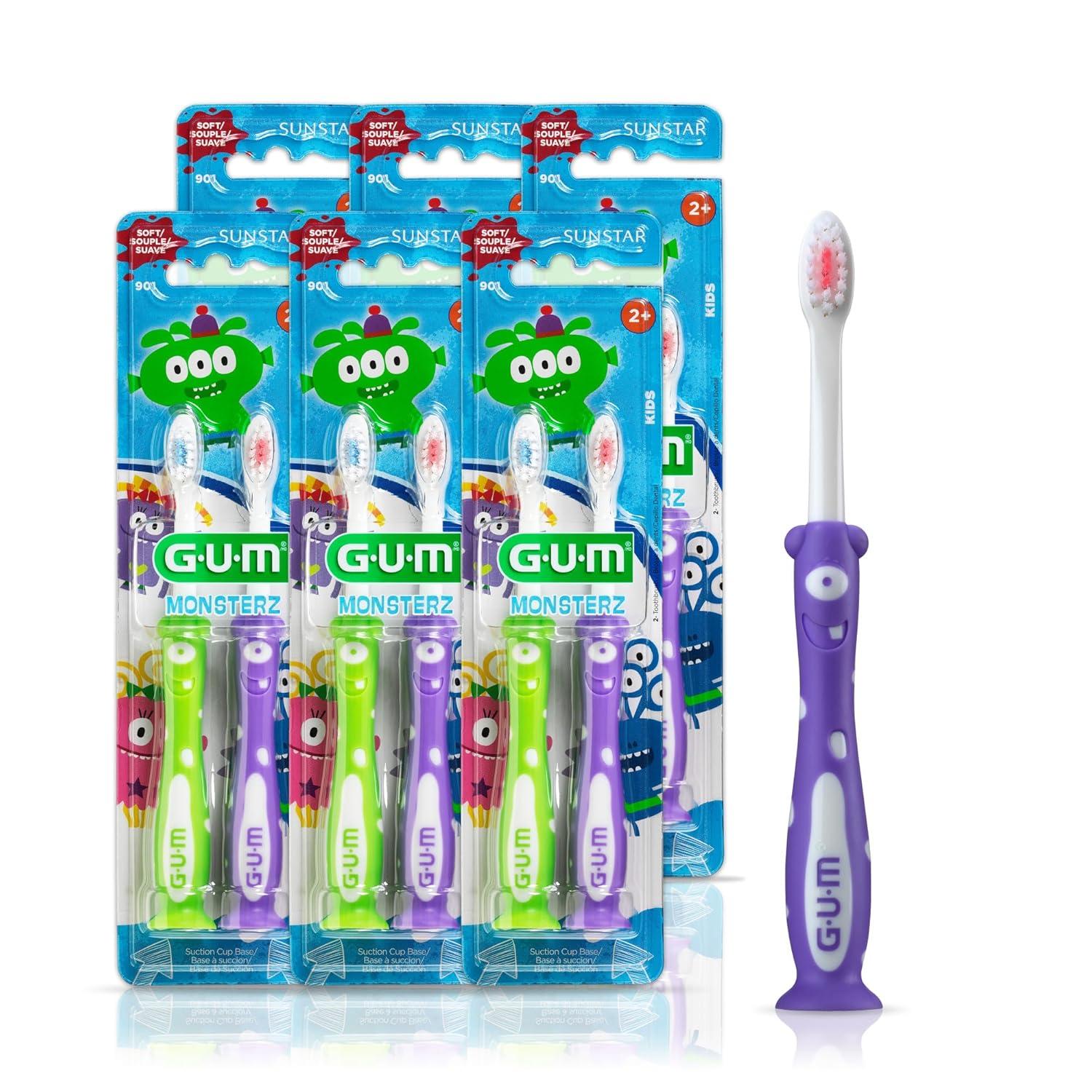 imageGUM Monsterz Jr Kids Toothbrush Soft Bristled Childrens Toothbrush with Suction Cup for Ages 5 2 CountPack of 6Ages 2
