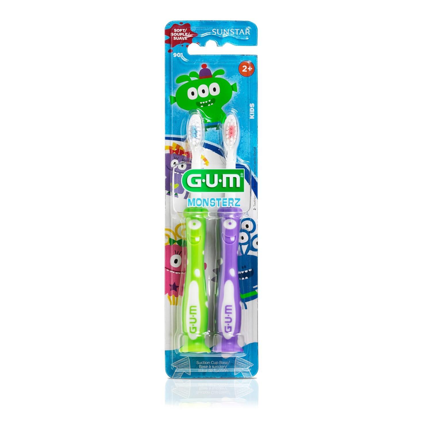 imageGUM Monsterz Jr Kids Toothbrush Soft Bristled Childrens Toothbrush with Suction Cup for Ages 5 2 CountPack of 6Ages 2