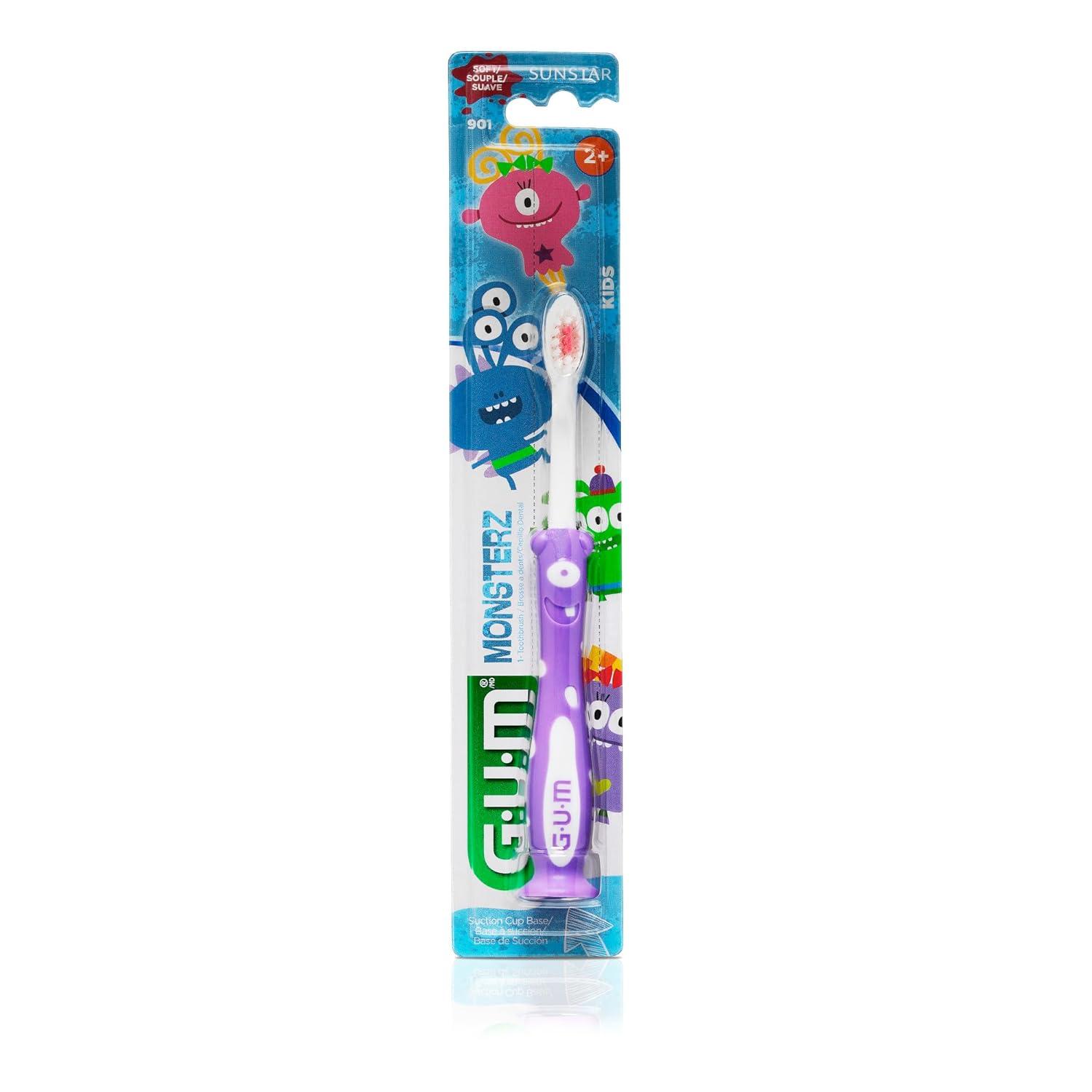 imageGUM Monsterz Jr Kids Toothbrush Soft Bristled Childrens Toothbrush with Suction Cup for Ages 5 2 CountPack of 6Ages 2