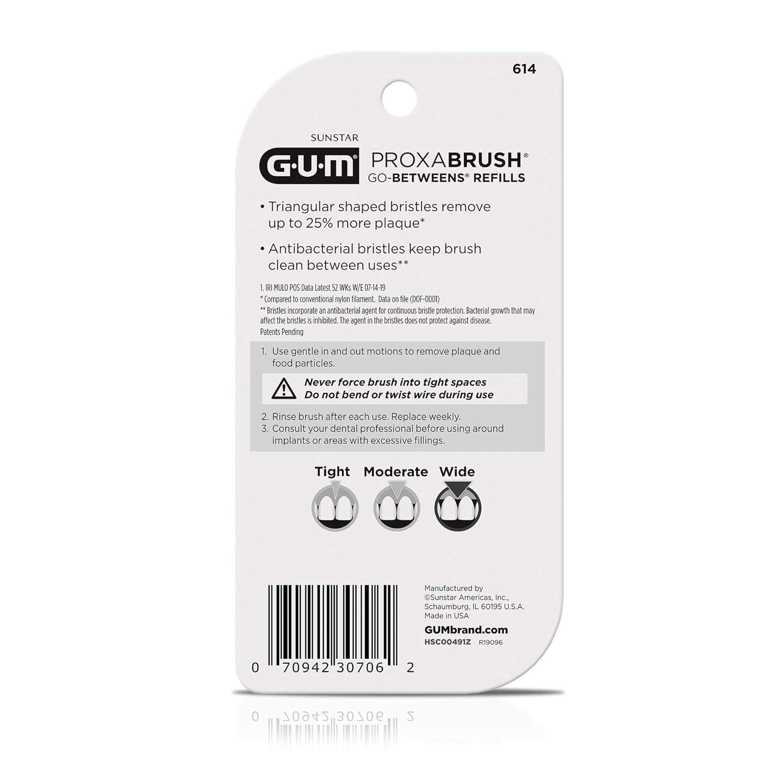 imageGUM Proxabrush GoBetweens Refills Wide Compatible with GUM Permanent Handle Reusable Interdental Brushes Soft Bristled Dental Picks 16ct 6pk