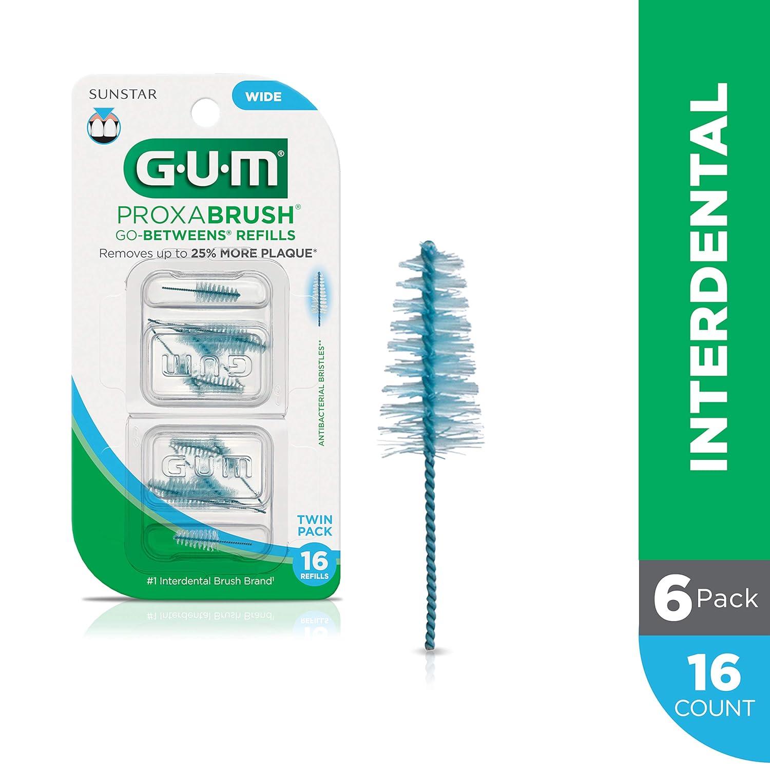 imageGUM Proxabrush GoBetweens Refills Wide Compatible with GUM Permanent Handle Reusable Interdental Brushes Soft Bristled Dental Picks 16ct 6pk