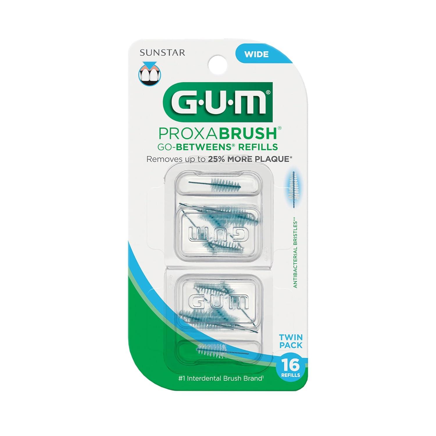 imageGUM Proxabrush GoBetweens Refills Wide Compatible with GUM Permanent Handle Reusable Interdental Brushes Soft Bristled Dental Picks 16ct 6pk