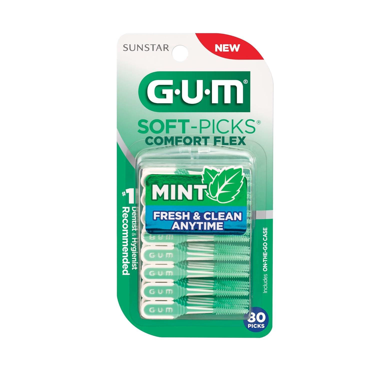 imageGUM SoftPicks Comfort Flex Mint Easy to Use Dental Picks for Teeth Cleaning Health Disposable Interdental Brushes with Convenient Carry Case Dentist Recommended 80 Count Pack of 4