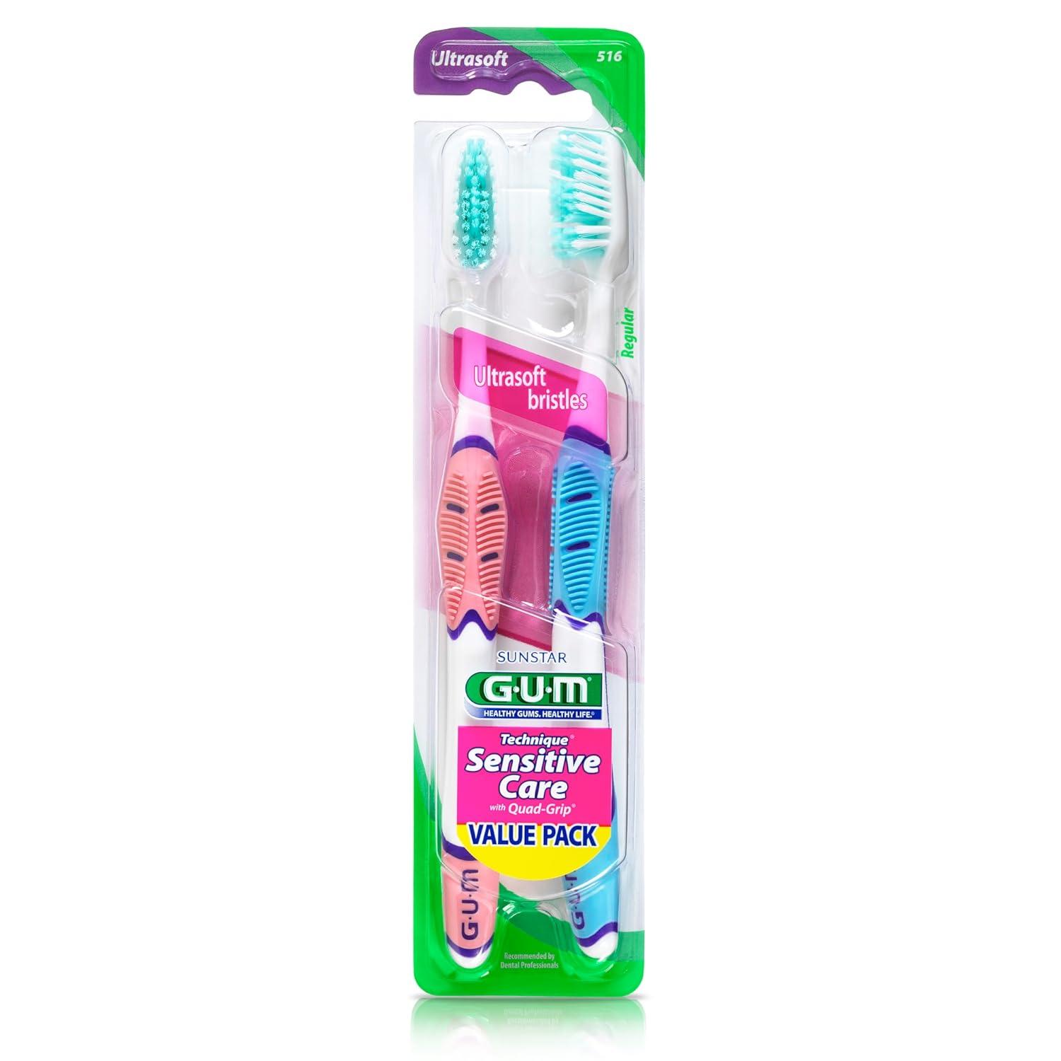 imageGUM Technique Sensitive Care Toothbrush with QuadGrip Handle Full Head amp Ultra Soft Dome Trim Bristles for Plaque Removal Thats Gentle on Gums 2ct2