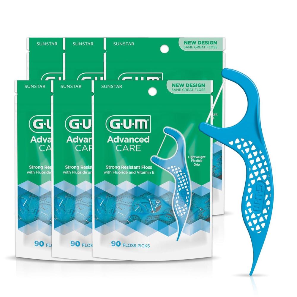 imageGUM Advanced Care Floss Picks  Dental Flossers for Adults with Vitamin E and Fluoride  Extra Strong ShredResistant Dental Floss Easy Grip Handle Fresh Mint Flavor 90 Count Pack of 6