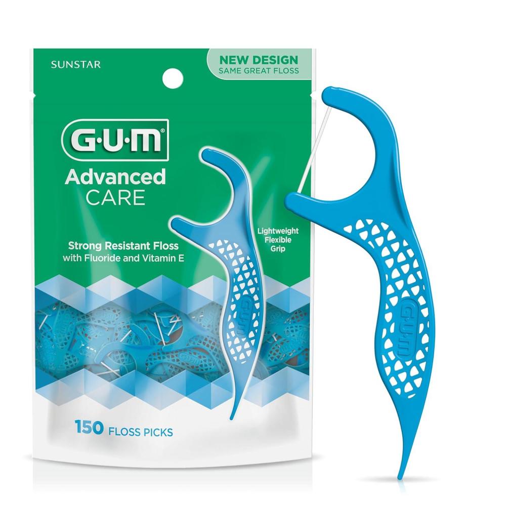 imageGUM Advanced Care Floss Picks Dental Flossers for Adults with Vitamin E and Fluoride Extra Strong ShredResistant Dental Floss Easy Grip Handle Fresh Mint Flavor 150 Count