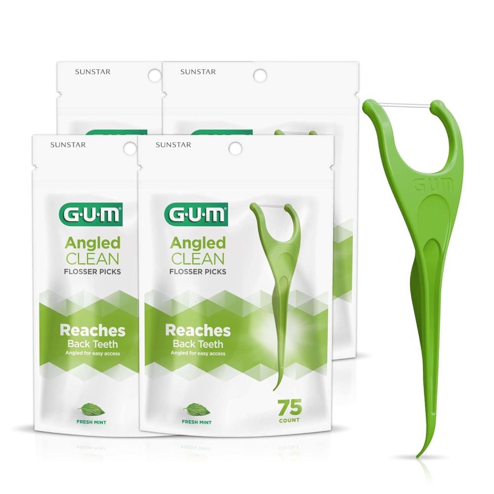 imageGUM Angled Floss Picks Perfect for Tight Teeth Extra Strong ShredResistant Dental Floss Angled for Easy Reach Dental Flossers for Adults Fresh Mint Flavor 75ct 4pk