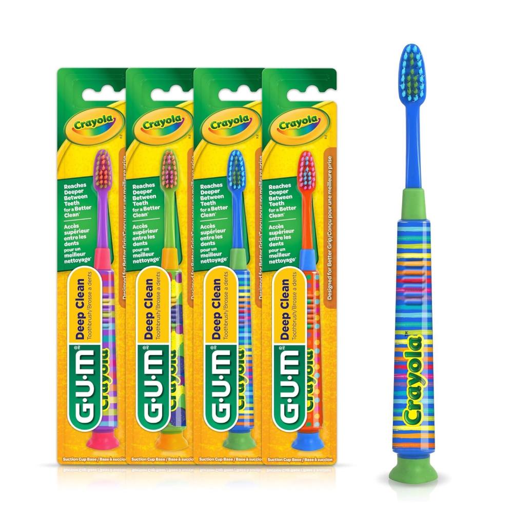 imageGUM Crayola Deep Clean Childrens Toothbrush Extra Soft Toothbrush for Kids Suction Cup Base Ages 4 1 CountPack of 4