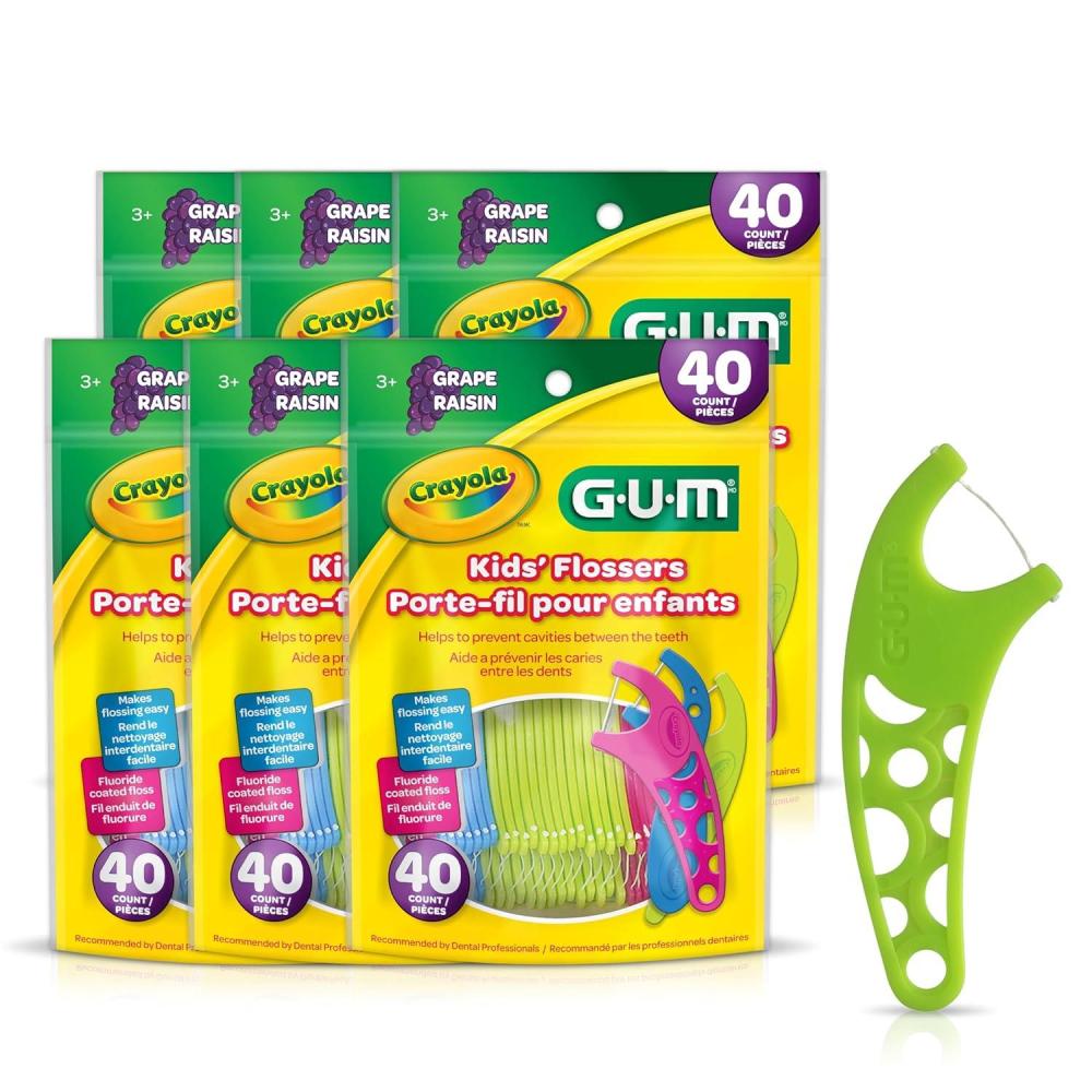 imageGUM Crayola Kids Flossers with Fluoride Designed for Little Hands Fun Grape Flavor Easy to Use Kids Floss Picks for Children Ages 3 40ct 6pk