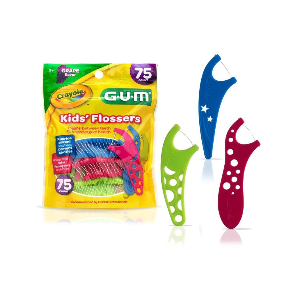 imageGUM Crayola Kids Flossers with Fluoride Designed for Little Hands Fun Grape Flavor Easy to Use Kids Floss Picks for Children Ages 3 75 Count Pack of 675 Count