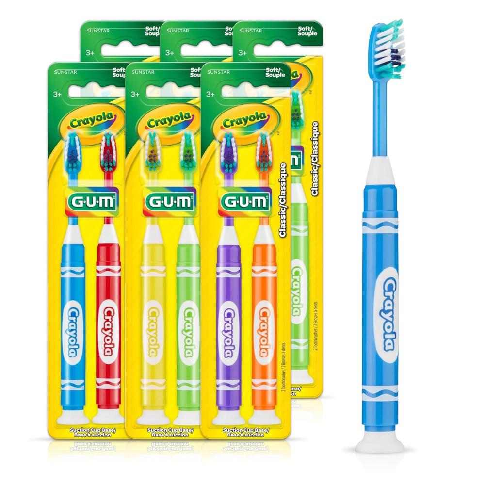 imageGUM Crayola Marker Childrens Toothbrush Soft Bristled Kids Toothbrush Set Age 5 Suction Cup Base 2ct 6pk