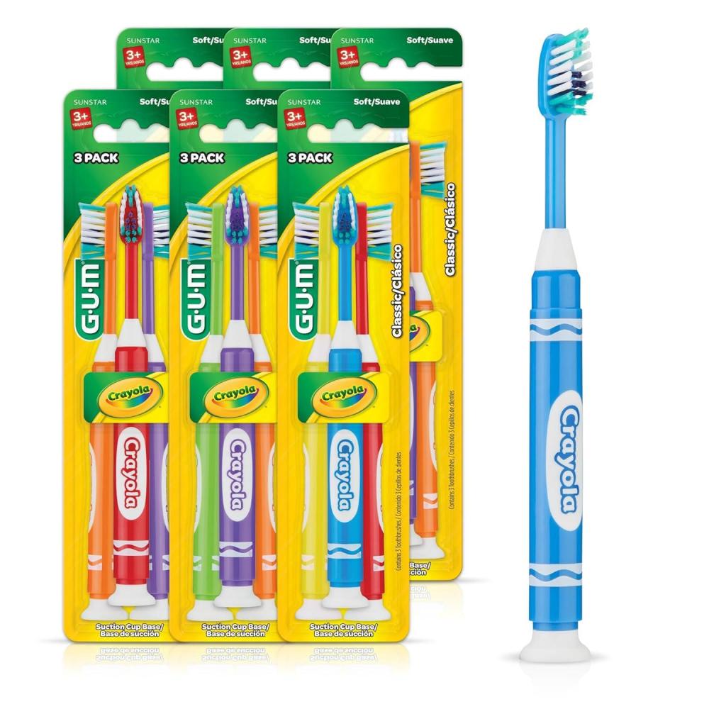 imageGUM Crayola Marker Childrens Toothbrush Soft Bristled Kids Toothbrush Set Age 5 Suction Cup Base 3ct 6pk3 Count Pack of 6