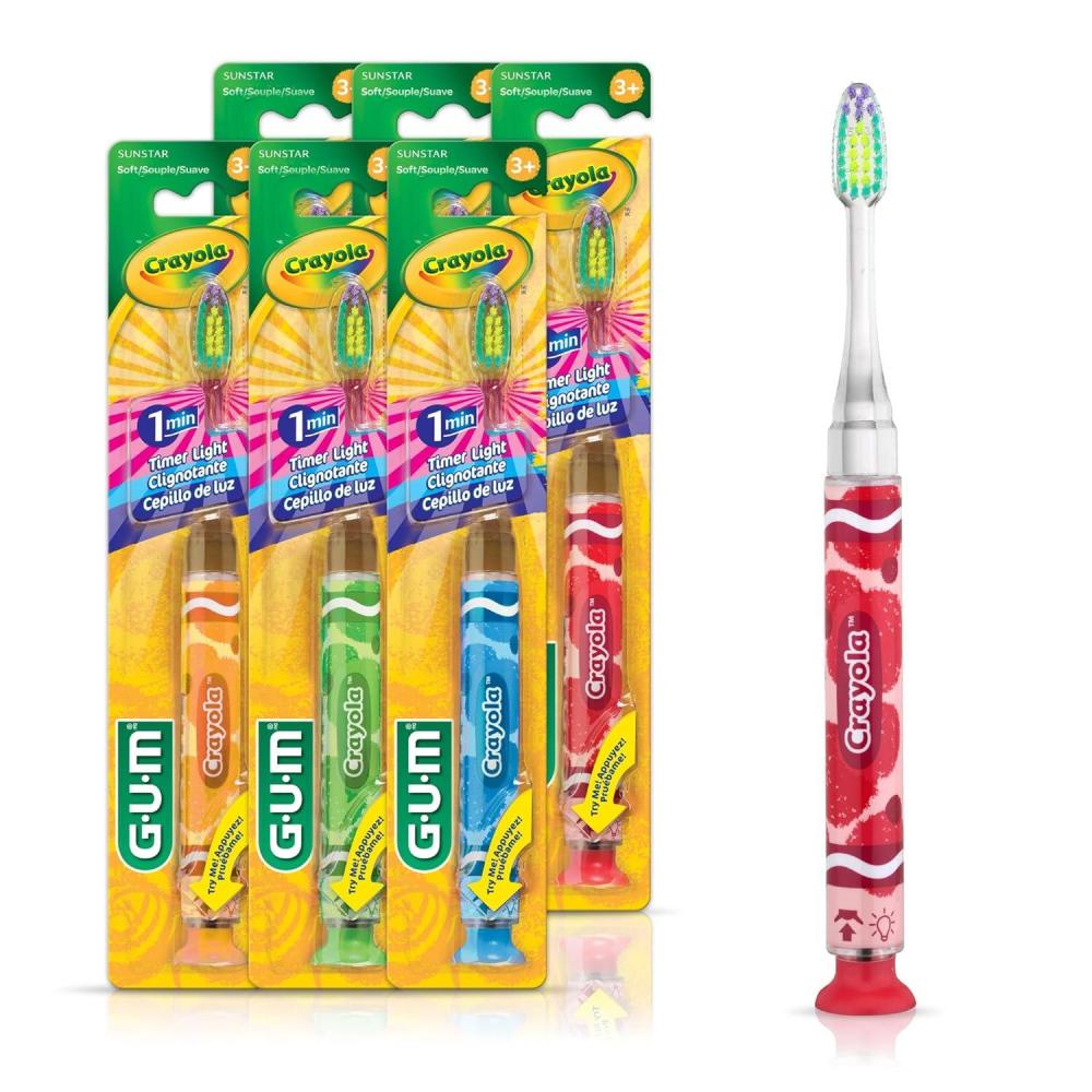 imageGUM Crayola Timer Light Toothbrush for Kids Soft Bristles Suction Cup Base Children amp Toddler Toothbrush 3 Year Old  6pk6 Brushes