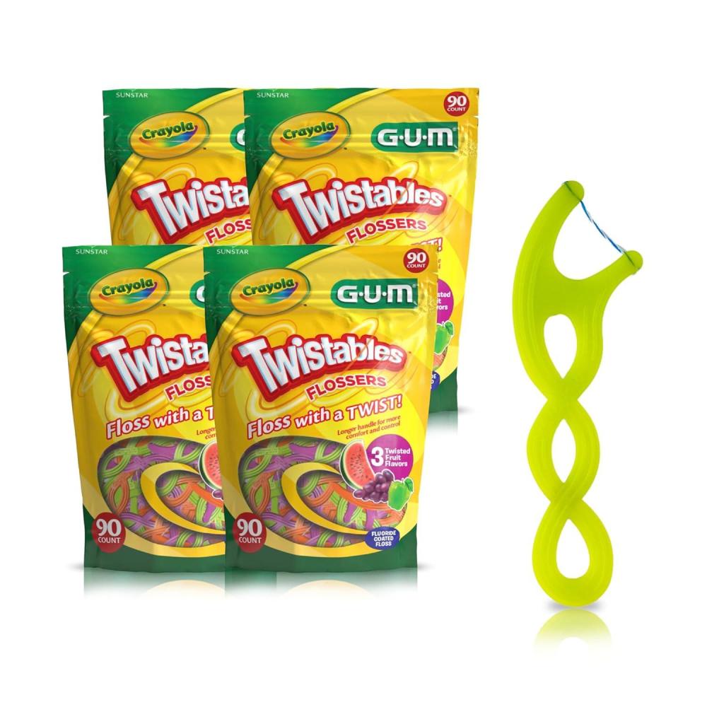 imageGUM Crayola Twistables Kids Flossers with Fluoride Designed for Little Hands Three Fun Fruit Flavors Easy to Use Kids Floss Picks for Children Ages 3 90 ct 4pk