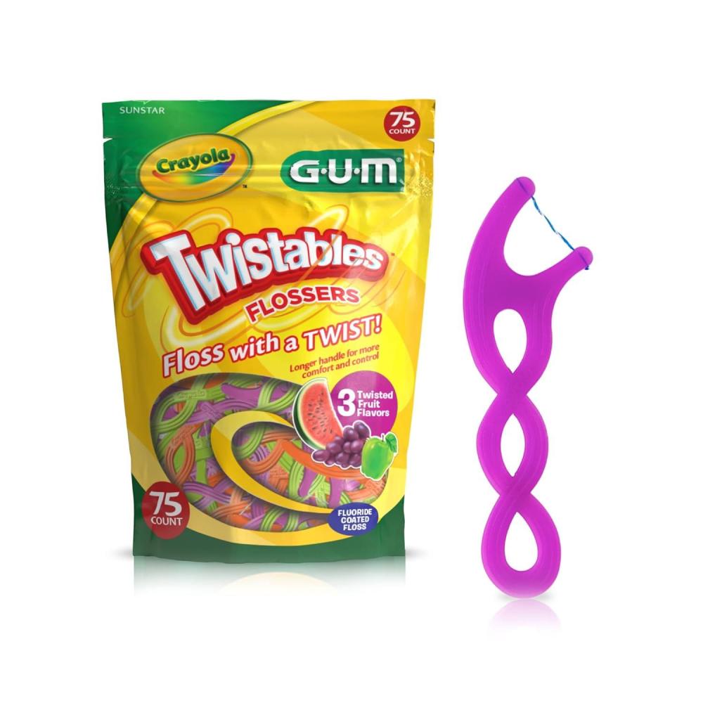 imageGUM Crayola Twistables Kids Flossers with Fluoride Designed for Little Hands Three Fun Fruit Flavors Easy to Use Kids Floss Picks for Children Ages 3 75 Count