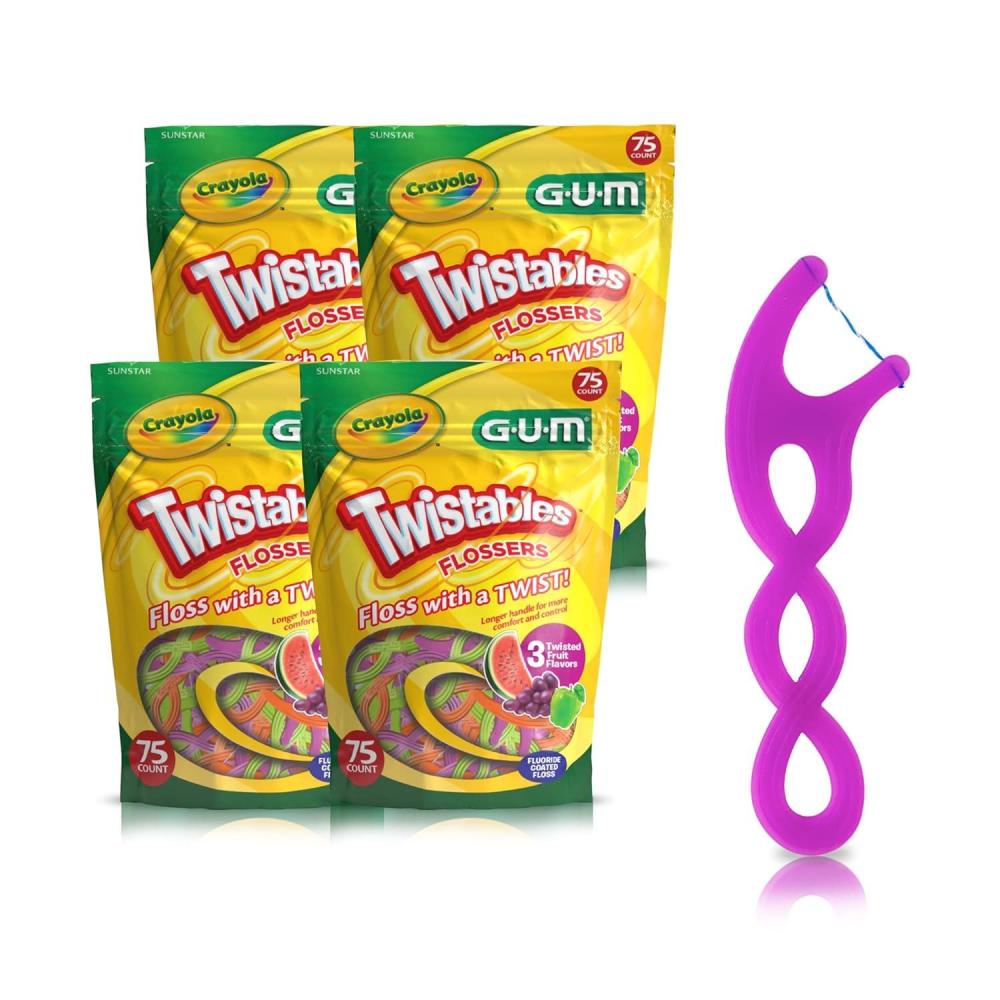 imageGUM Crayola Twistables Kids Flossers with Fluoride Designed for Little Hands Three Fun Fruit Flavors Easy to Use Kids Floss Picks for Children Ages 3 75 ct 4pk