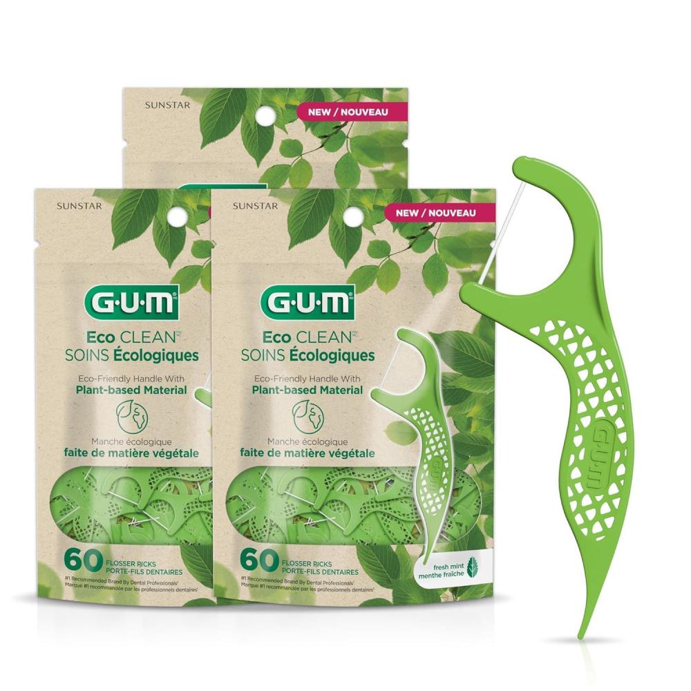 imageGUM Eco Clean Flosser Picks Promotes Healthier Gums Fresh Mint Flavor Green 60 Count Pack of 3