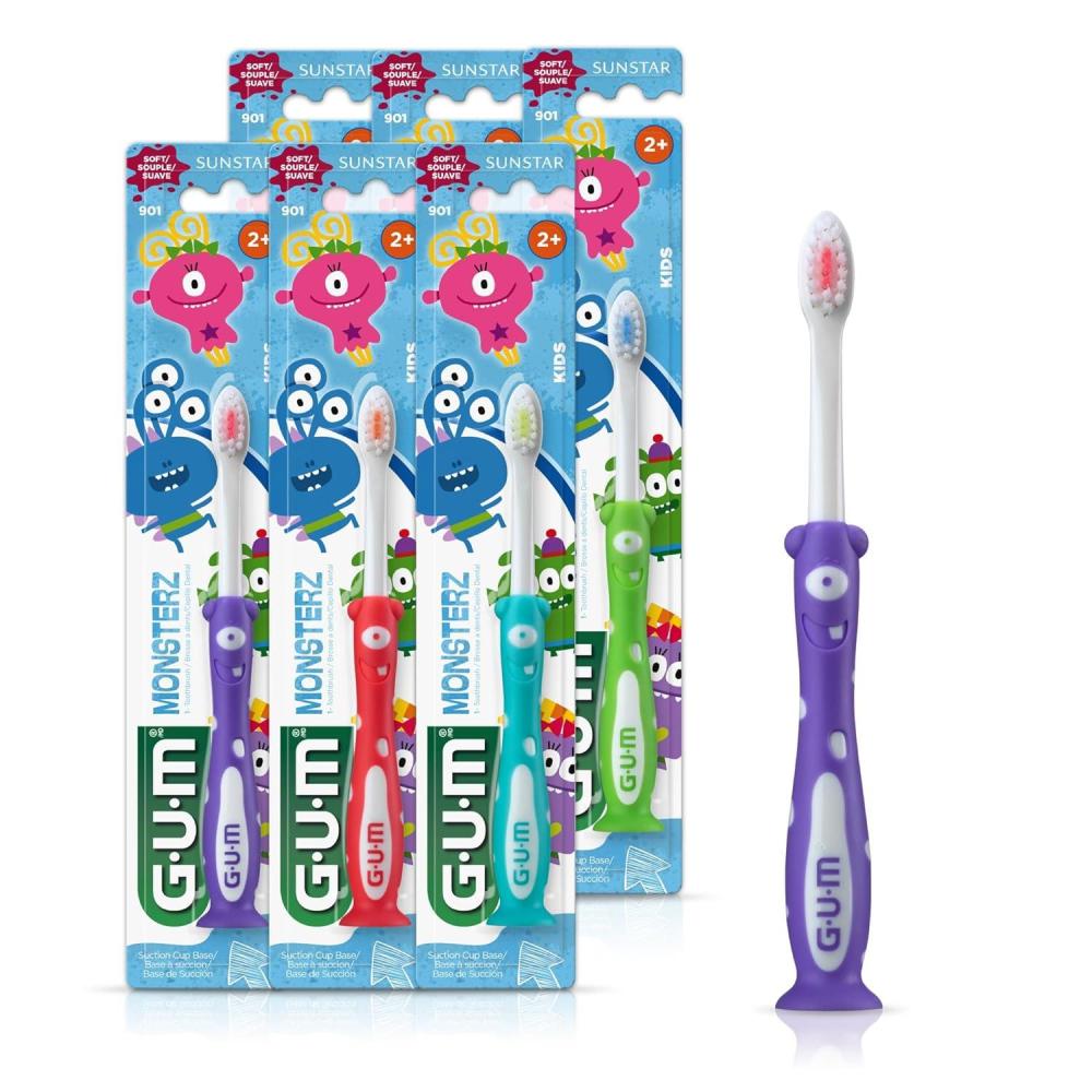 imageGUM Monsterz Jr Kids Toothbrush Soft Bristled Childrens Toothbrush with Suction Cup for Ages 5 2 CountPack of 6Ages 2