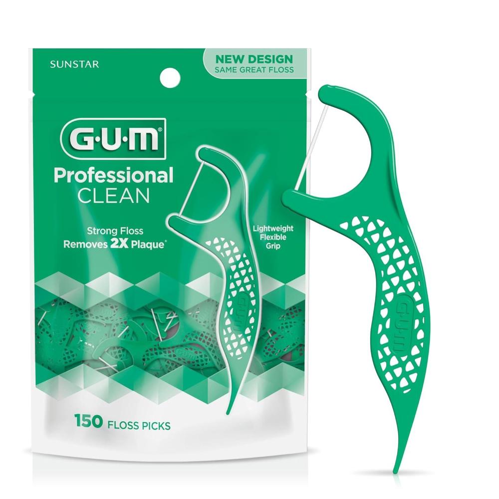 imageGUM Professional Clean Floss Picks Extra Strong ShredResistant Floss Easy Grip Handle Dental Flossers for Adults Fresh Mint Flavor 150 Count150 Count