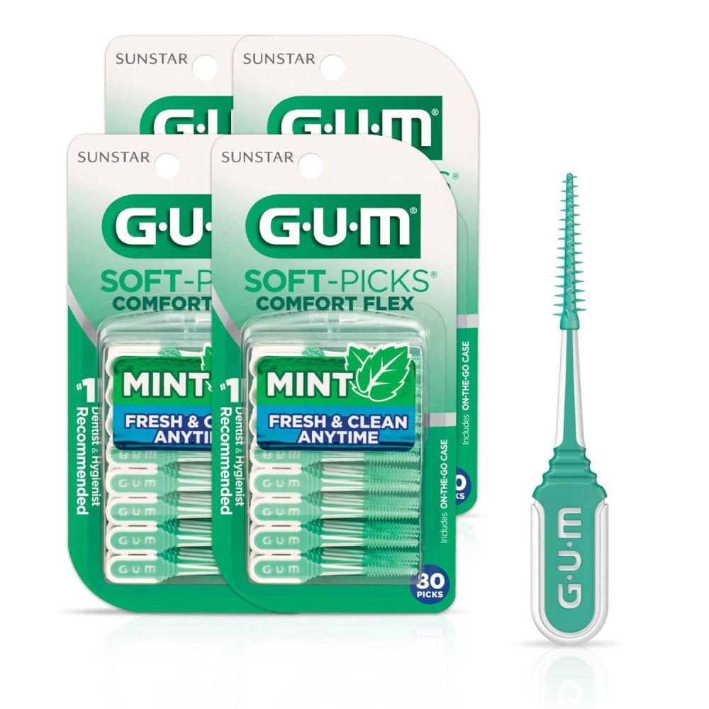 imageGUM SoftPicks Comfort Flex Mint Easy to Use Dental Picks for Teeth Cleaning Health Disposable Interdental Brushes with Convenient Carry Case Dentist Recommended 80 Count Pack of 4