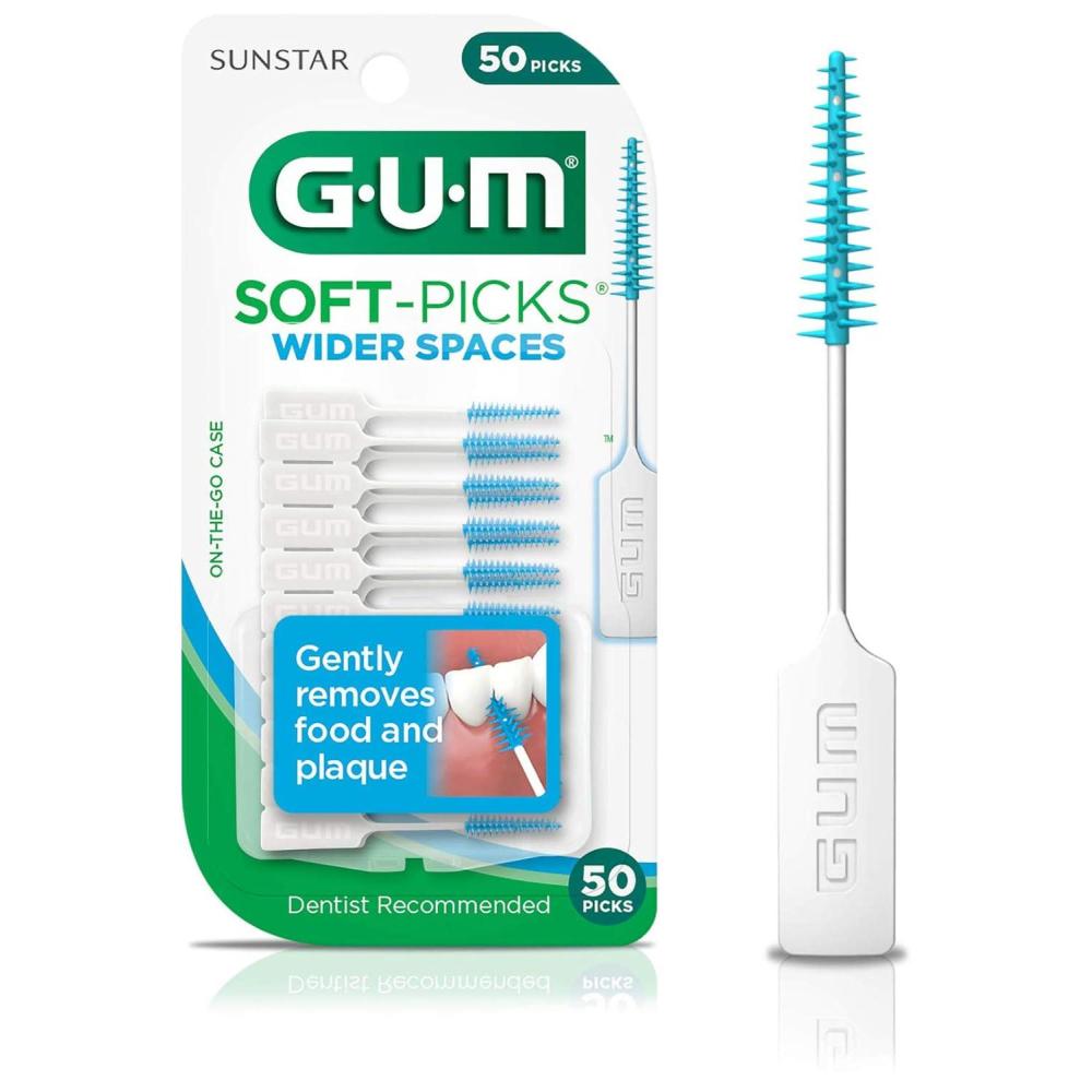 imageGUM SoftPicks Wider Space Easy to Use Dental Picks for Teeth Cleaning and Gum Health with Convenient Carry Case Dentist Recommended Dental Floss Picks 50ct 6pk