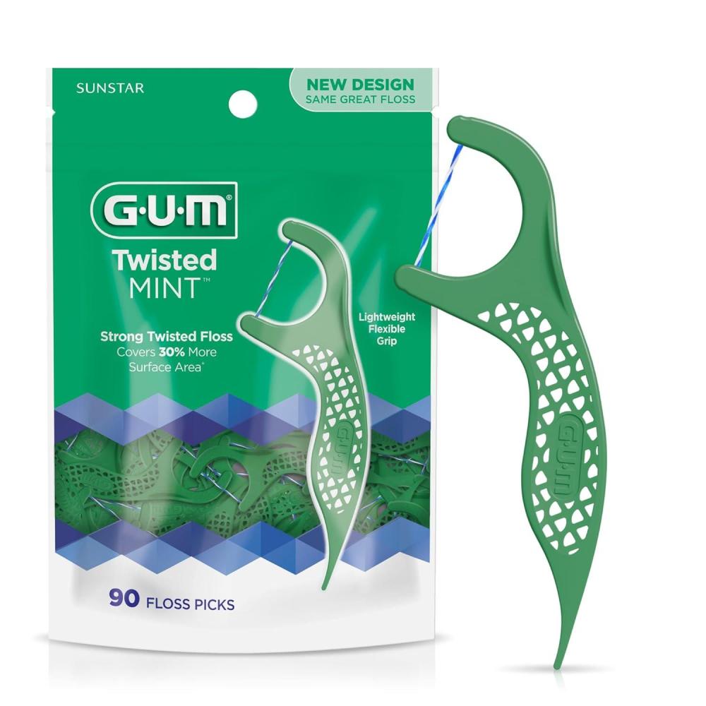 imageGUM Twisted Mint Floss Picks  Twisted Threads ShredResistant Floss Easy Grip Handle 150 Count Pack of 490 Count