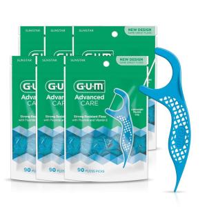 GUM Advanced Care Floss Picks – Dental Flossers for Adults with Vitamin E and Fluoride – Extra Strong Shred-Resistant Dental Floss, Easy Grip Handle, Fresh Mint Flavor, 90 Count (Pack of 6)