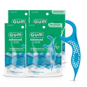 GUM Advanced Care Floss Picks – Dental Flossers for Adults with Vitamin E and Fluoride – Extra Strong Shred-Resistant Dental Floss, Easy Grip Handle, Fresh Mint Flavor, 150 Count (Pack of 4)