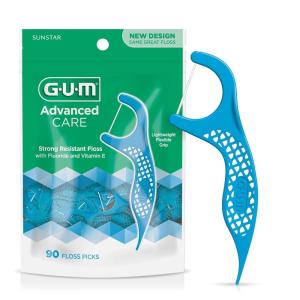 GUM Advanced Care Floss Picks – Dental Flossers for Adults with Vitamin E and Fluoride – Extra Strong Shred-Resistant Dental Floss, Easy Grip Handle, Fresh Mint Flavor, 90 Count(Mint)