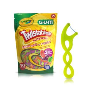 GUM Crayola Twistables Kids Flossers with Fluoride – Designed for Little Hands – Three Fun Fruit Flavors – Easy to Use Kids Floss Picks for Children Ages 3+, 90 Count (Pack of 4)(90 Count)