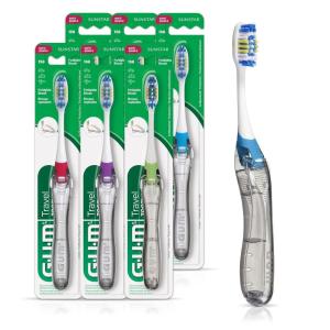 GUM Folding Travel Toothbrush, Compact Head + Tongue Cleaner, Soft Bristled Travel Toothbrushes for Adults, 2ct (Pack of 6)(1 Count (Pack of 6))