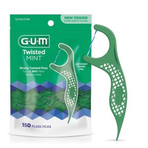 GUM Twisted Mint Floss Picks – Twisted Threads, Shred-Resistant Floss, Easy Grip Handle, 150 Count (Pack of 4)(150 Count)
