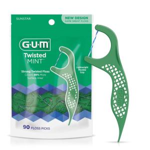GUM Twisted Mint Floss Picks – Twisted Threads, Shred-Resistant Floss, Easy Grip Handle, 150 Count (Pack of 4)(90 Count)