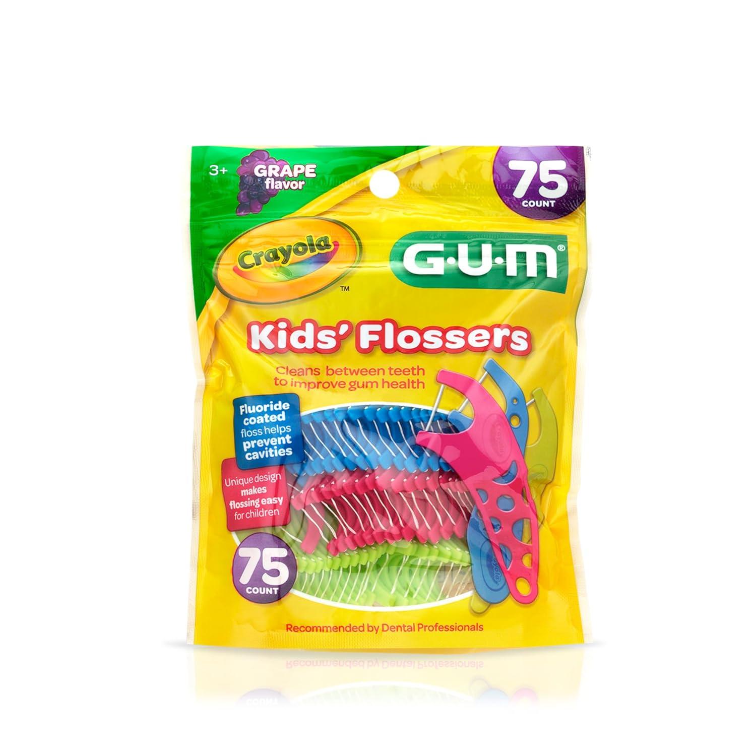 imageGUM Crayola Kids Flossers with Fluoride Designed for Little Hands Fun Grape Flavor Easy to Use Kids Floss Picks for Children Ages 3 450ct