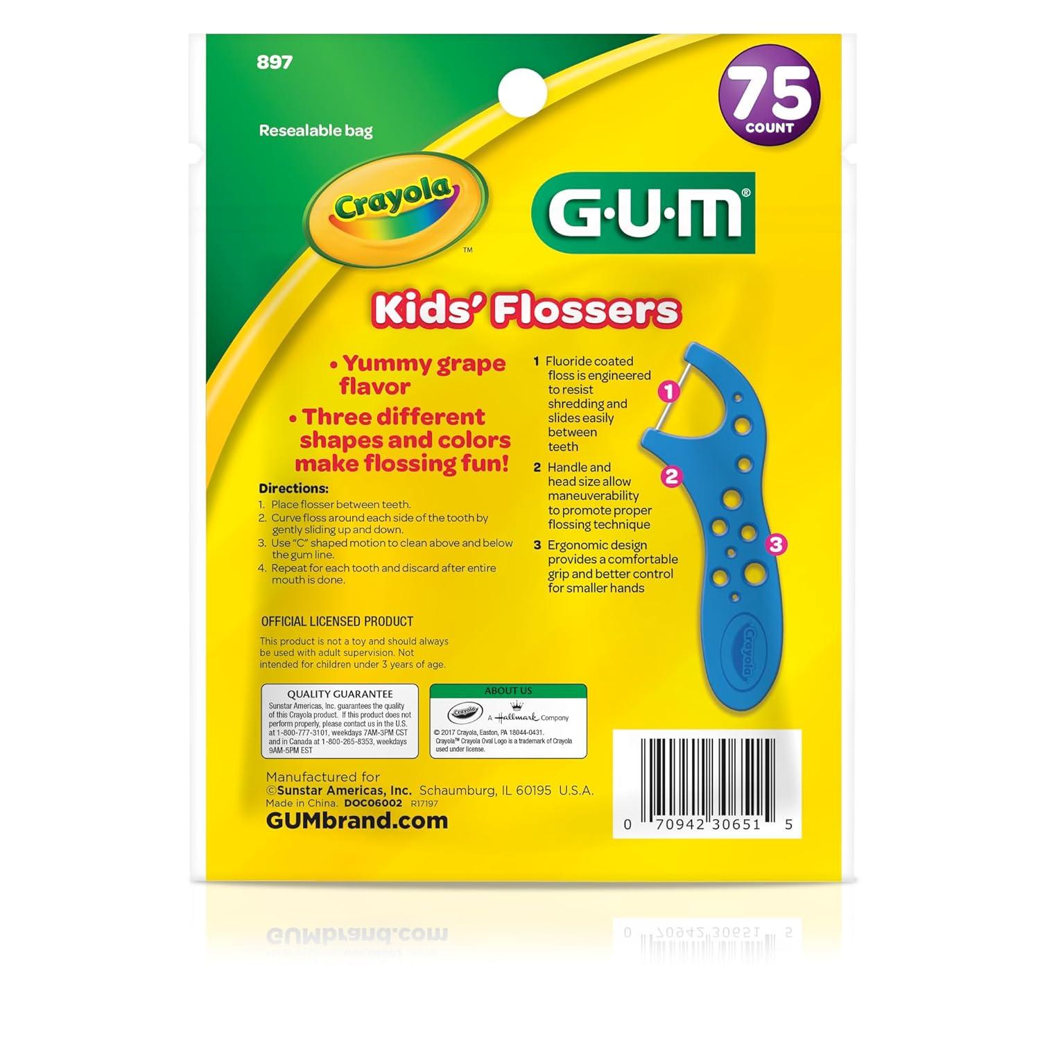 imageGUM Crayola Kids Flossers with Fluoride Designed for Little Hands Fun Grape Flavor Easy to Use Kids Floss Picks for Children Ages 3 450ct