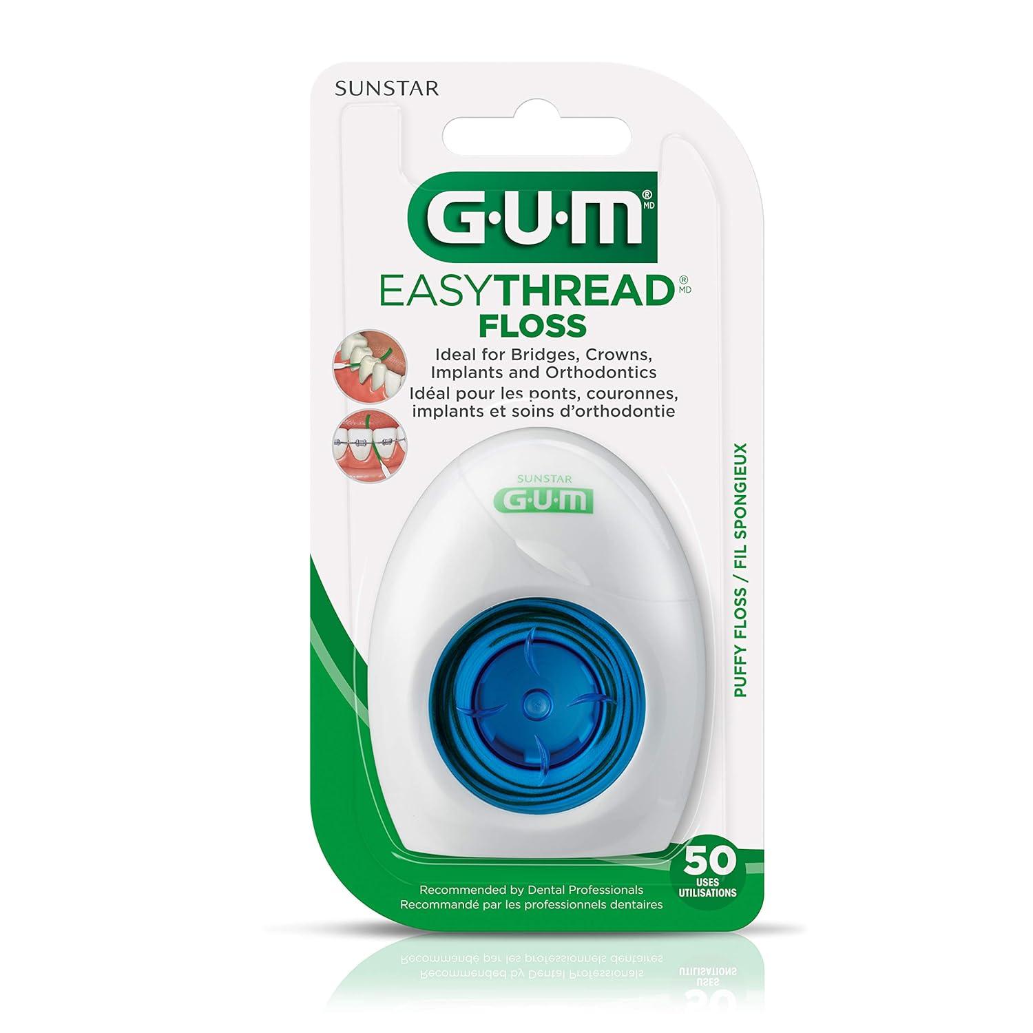 imageGUM EasyThread Threader Floss Expanding Dental Floss for Braces Bridges and Implants Built in Rigid Floss Threaders 6pk6 Pack