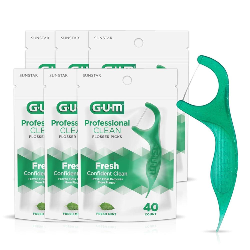 imageGUM Professional Clean Floss Picks Extra Strong ShredResistant Floss Easy Grip Handle Dental Flossers for Adults Fresh Mint Flavor 40ct 6pk240 Count