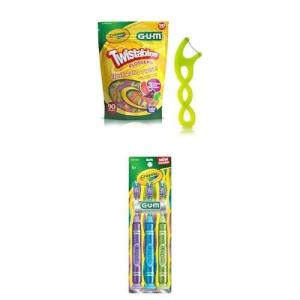Bundle of GUM Crayola Twistables Kids Flossers with Fluoride for Children Ages 3+, 90 ct + GUM Crayola Marker Children’s Toothbrush , Soft Bristled Age 5+ , Suction Cup Base , 3 Count
