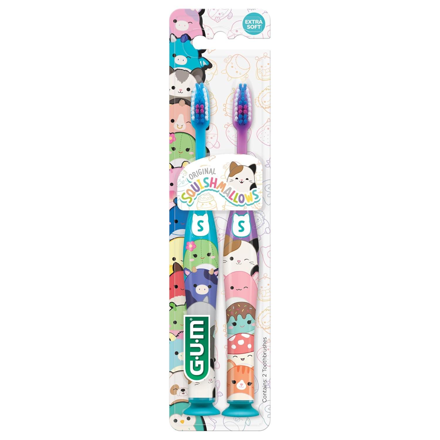 imageGUM Squishmallows Kids Toothbrush Extra Soft Bristles with Suction Cup Base Compact Head 2 Count Pack of 2