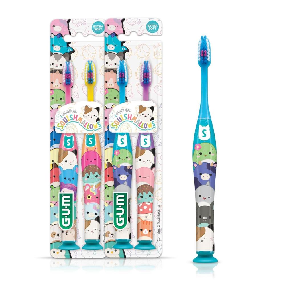 imageGUM Squishmallows Kids Toothbrush Extra Soft Bristles with Suction Cup Base Compact Head 2 Count Pack of 2